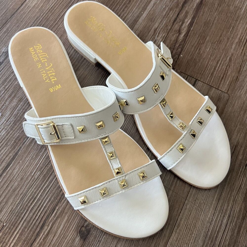 BELLA-VITA Made in Italy White Leather Gold Studded Woman Flat Sandal Size 9.5